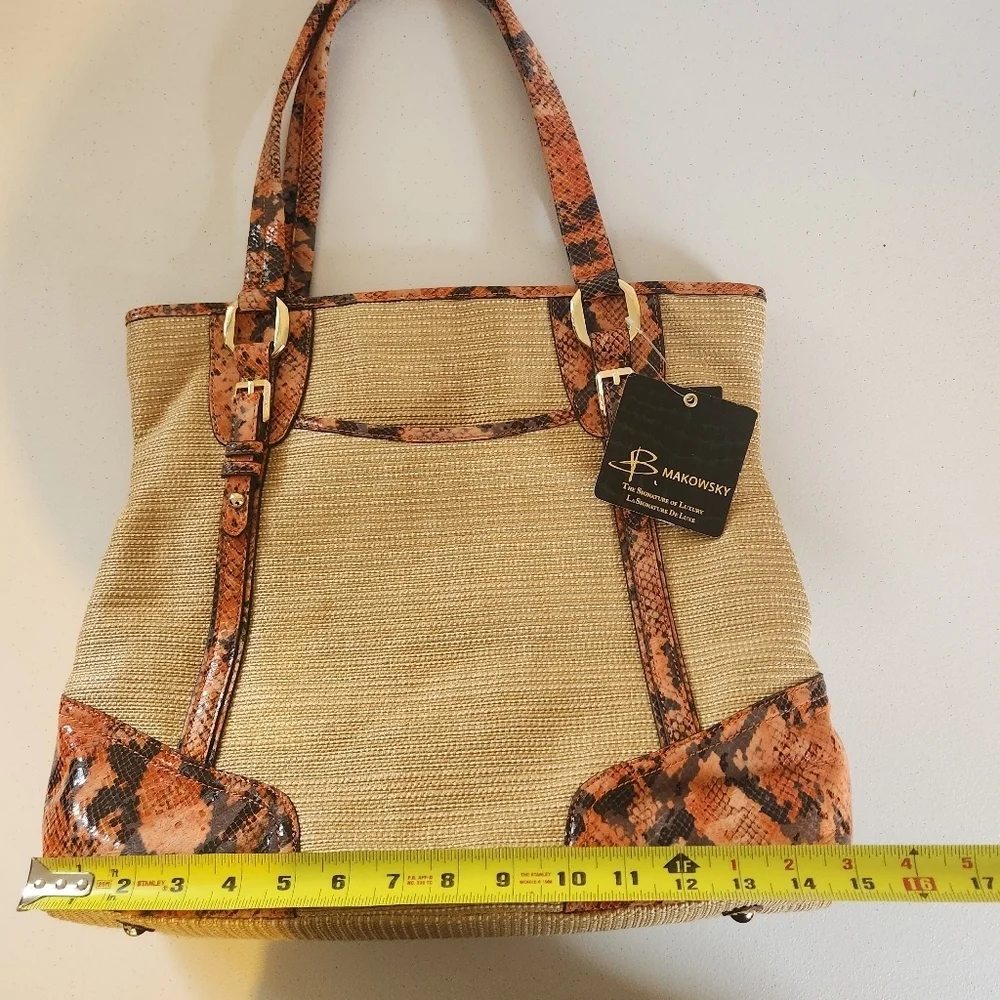 B Makowsky Leather Snake Large Shoulder Mansfield Tote Handbag Woven Purse New - Picture 8 of 10